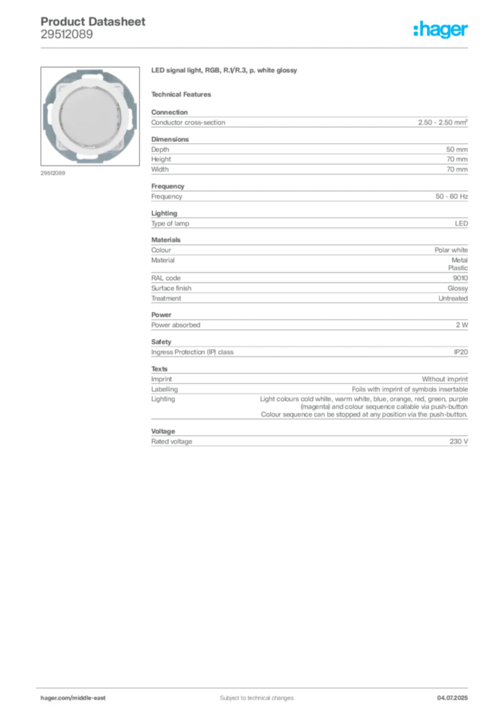Image Hager Product data sheet 29512089  | Hager