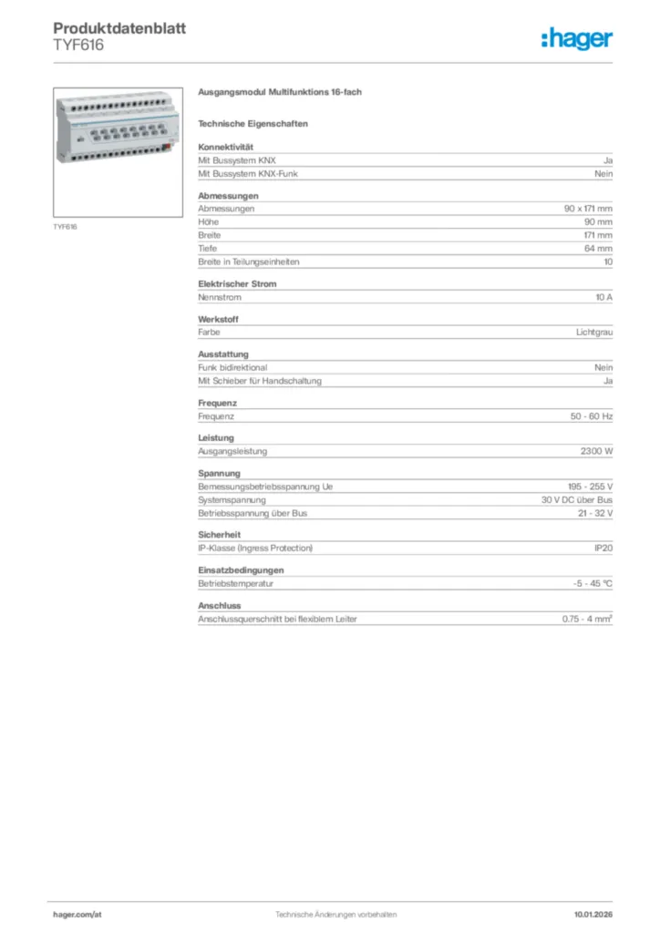 Bild Hager Produktdatenblatt TYF616 | Hager Deutschland