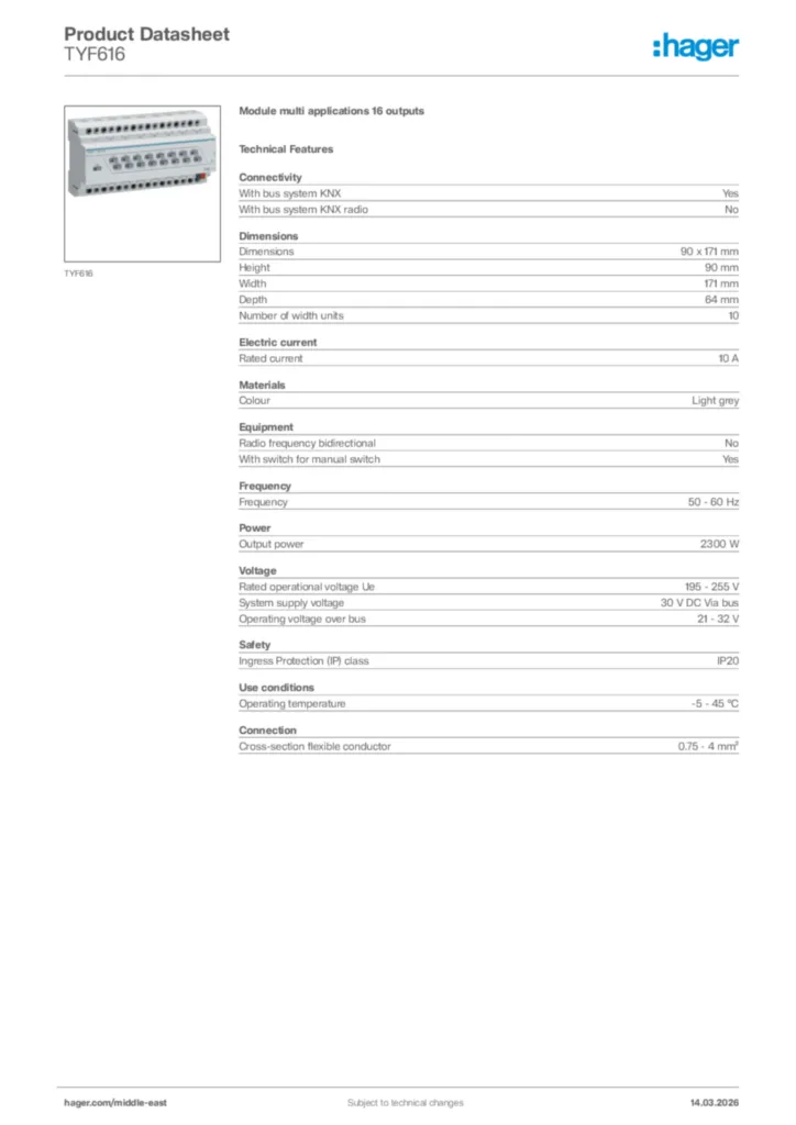 Image Hager Product data sheet TYF616  | Hager
