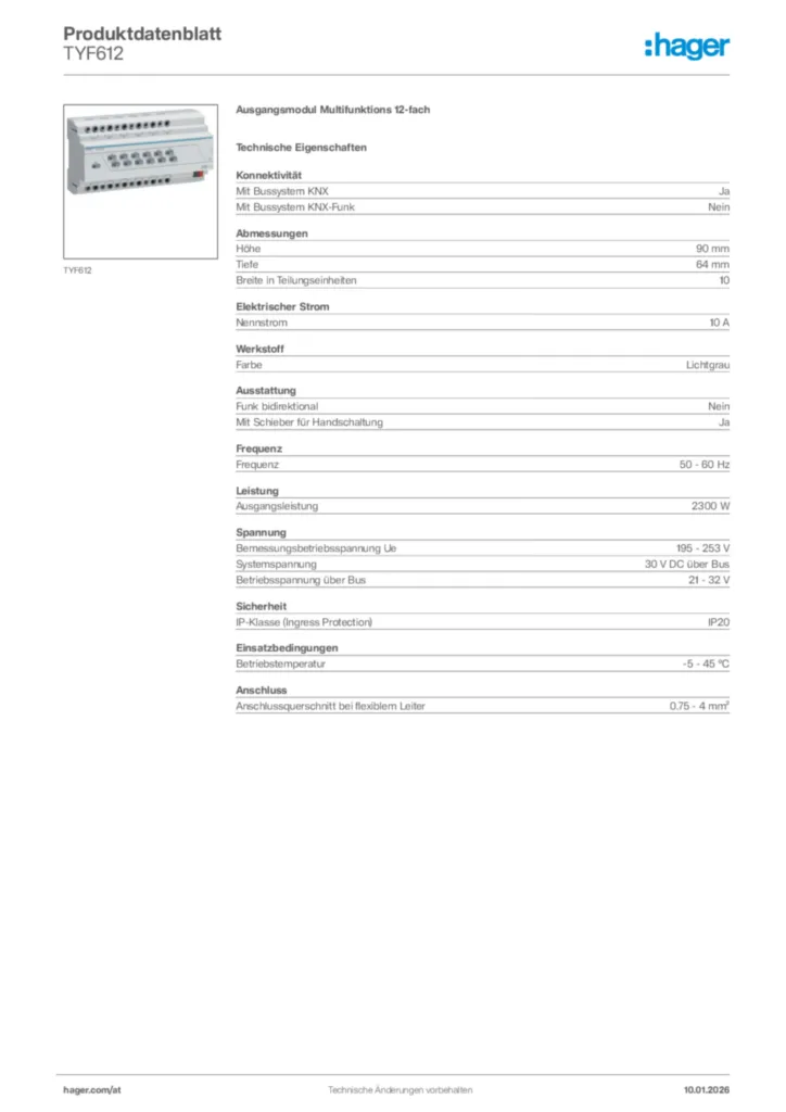 Bild Hager Produktdatenblatt TYF612 | Hager Deutschland