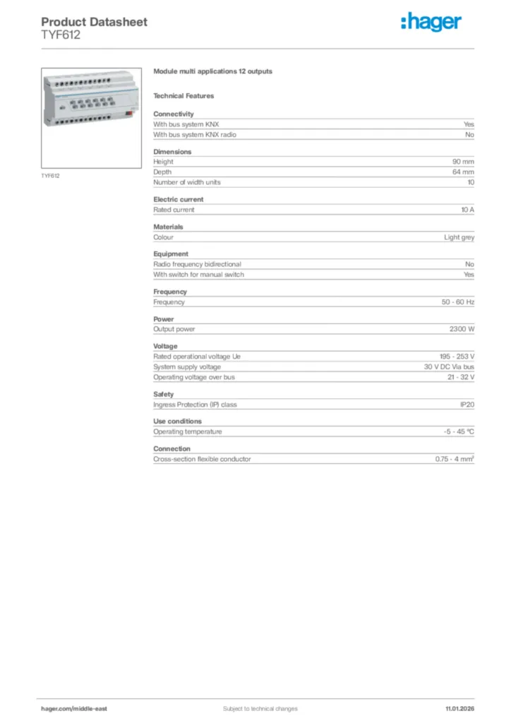Image Hager Product data sheet TYF612  | Hager
