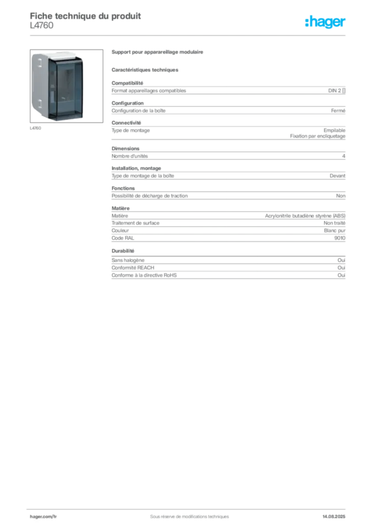 Image Hager Fiche technique du produit L4760 | Hager France