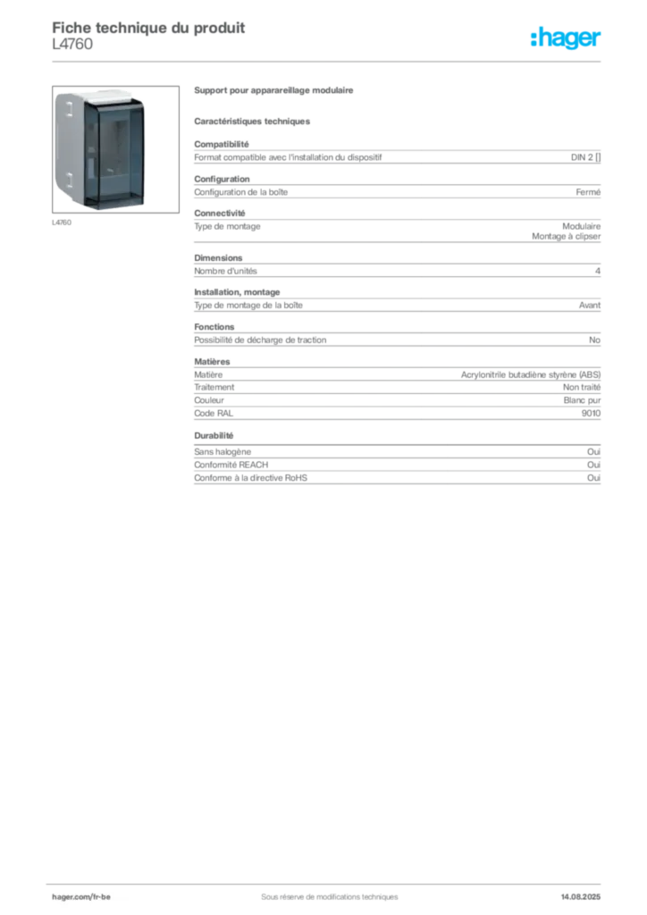 Image Hager Fiche technique du produit L4760 | Hager Belgique