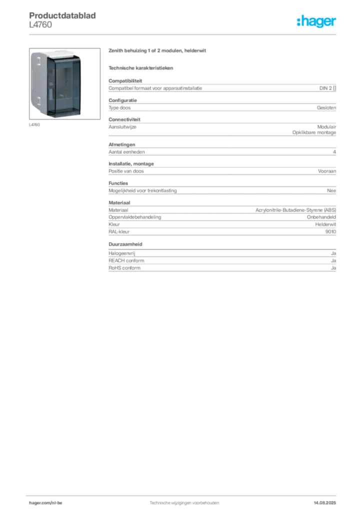 Afbeelding Hager Productdatablad L4760 | Hager Belgium