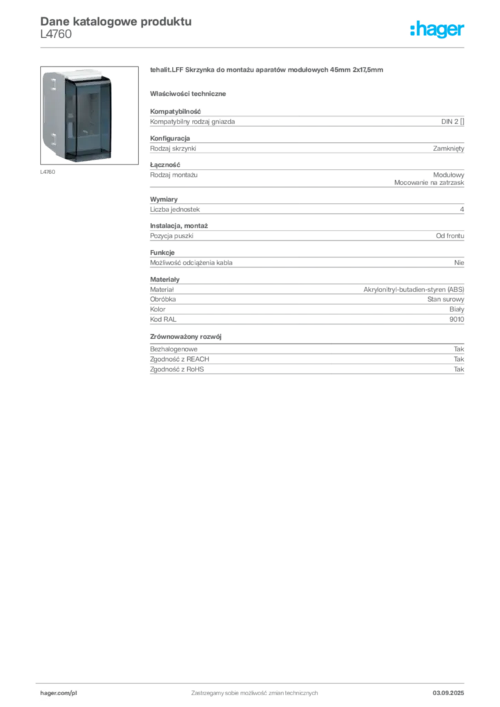 Zdjęcie Hager Karta katalogowa L4760 | Hager Polska