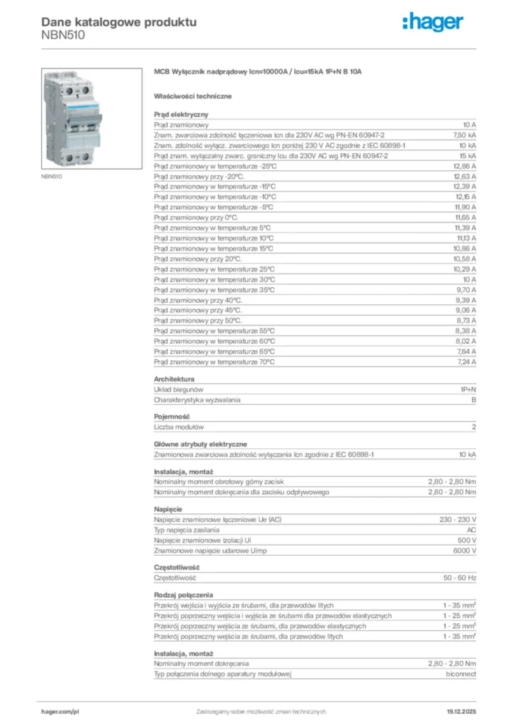 Zdjęcie Hager Karta katalogowa NBN510 | Hager Polska