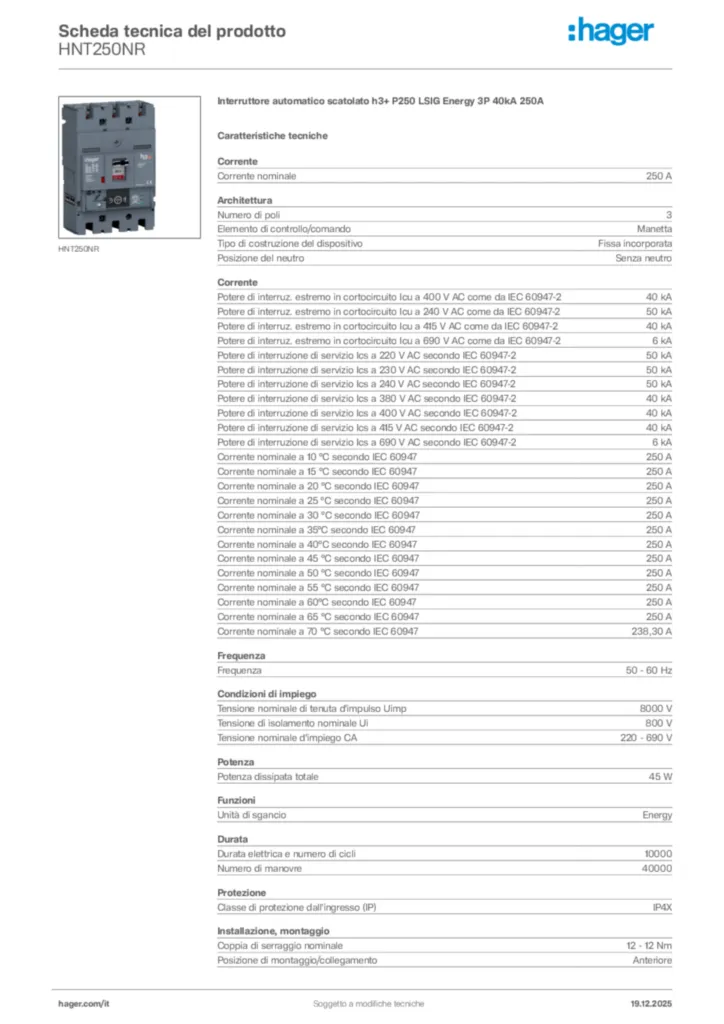Immagine Hager Scheda tecnica del prodotto HNT250NR | Hager Italia