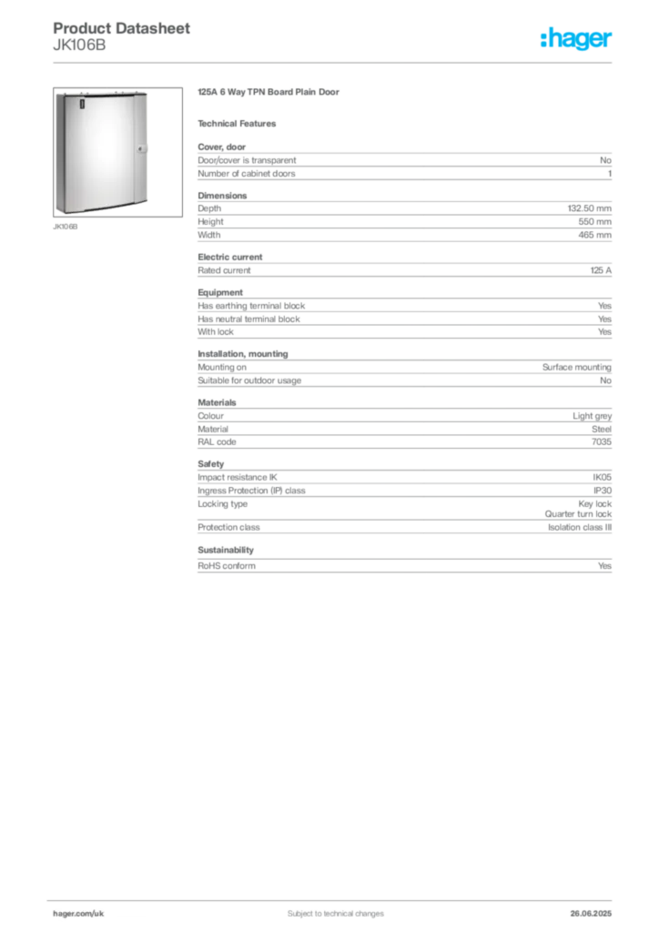 Image Hager Product data sheet JK106B  | Hager