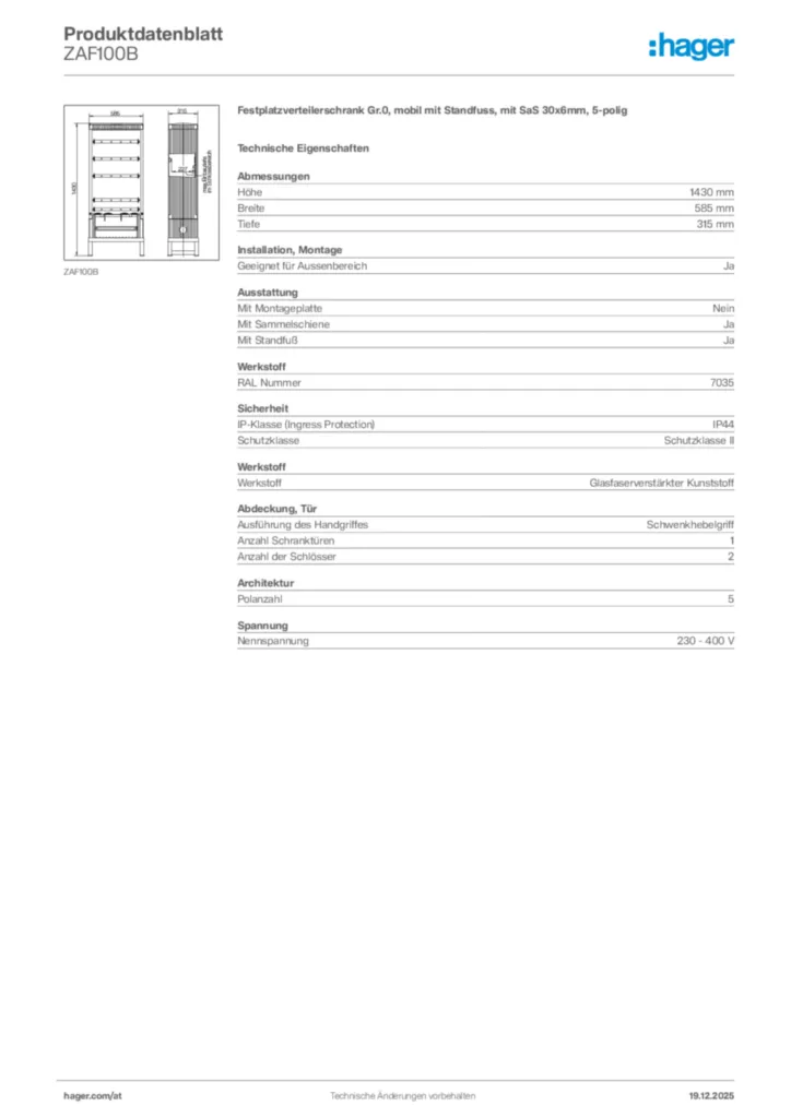Bild Hager Produktdatenblatt ZAF100B | Hager Deutschland