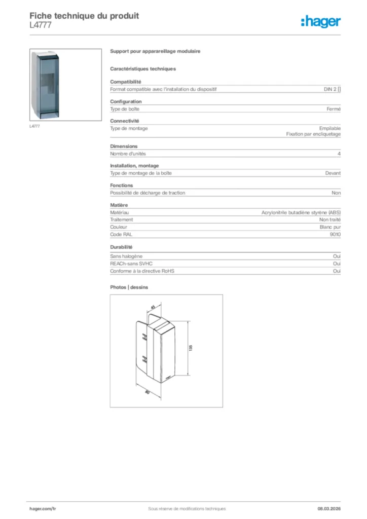Image Hager Fiche technique du produit L4777 | Hager France