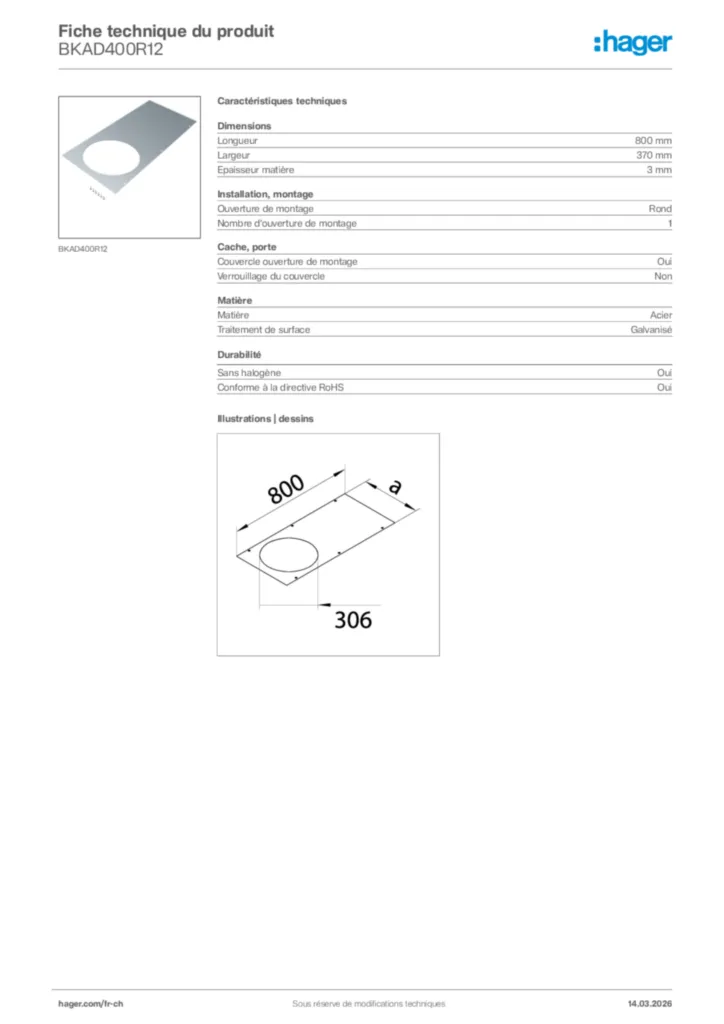 Image Hager Fiche technique du produit BKAD400R12 | Hager Suisse