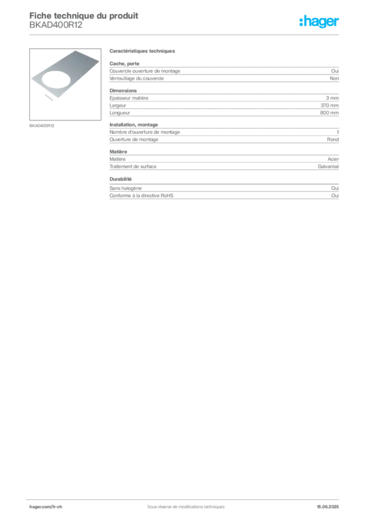 Image Hager Fiche technique du produit BKAD400R12 | Hager Suisse