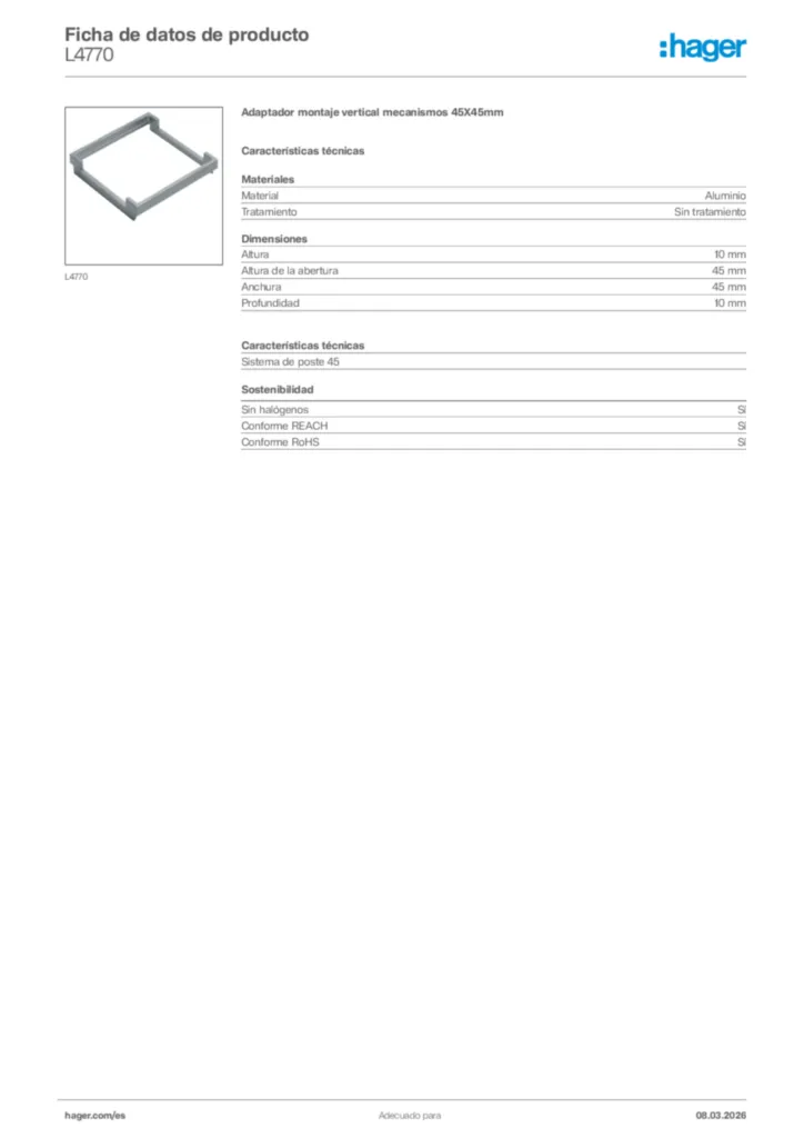 Imagen Hager Ficha de datos de producto L4770 | Hager España