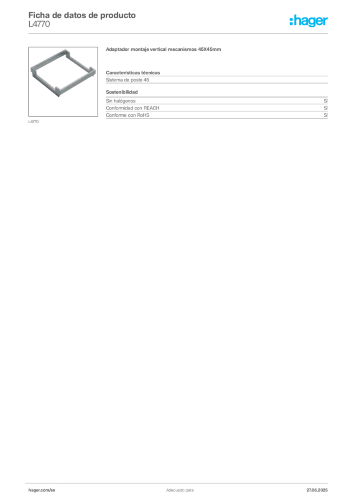 Imagen Hager Ficha de datos de producto L4770 | Hager España