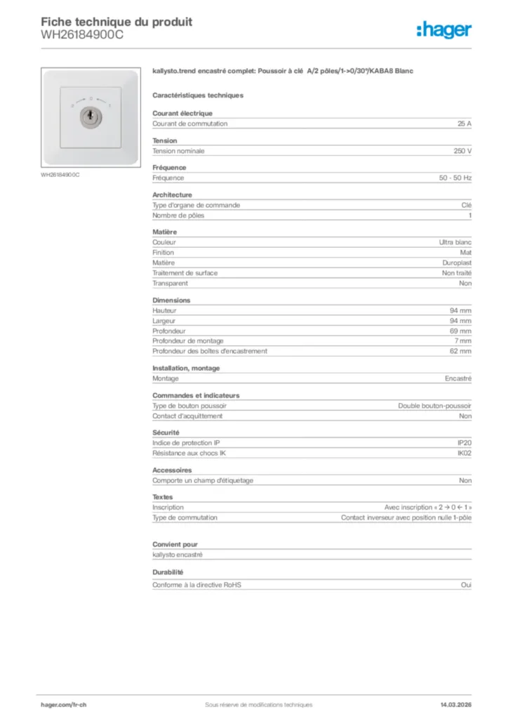 Image Hager Fiche technique du produit WH26184900C | Hager Suisse