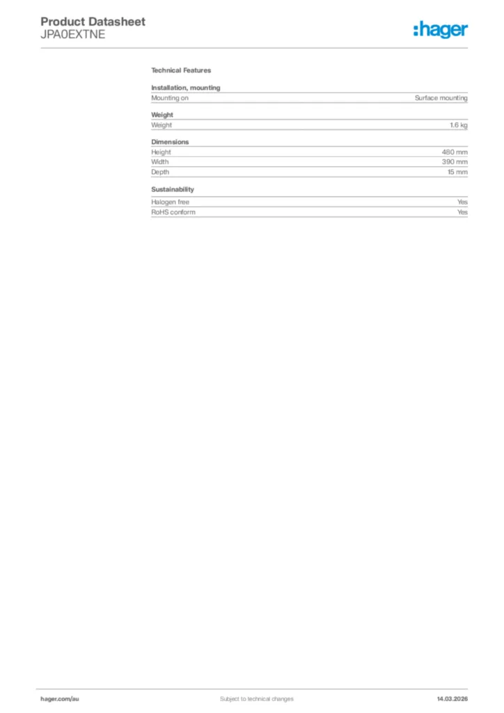 Image Hager Product data sheet JPA0EXTNE  | Hager Australia