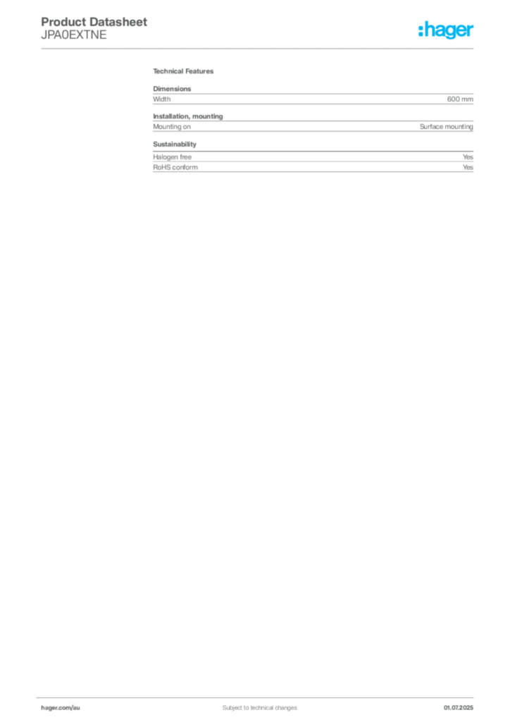 Image Hager Product data sheet JPA0EXTNE  | Hager Australia