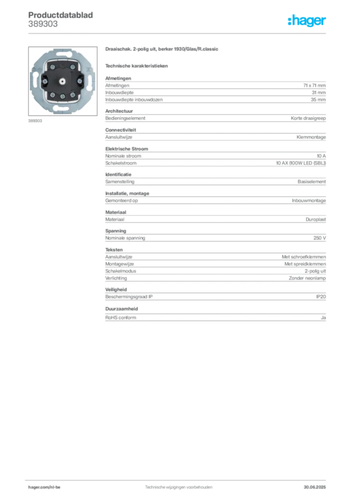 Afbeelding Hager Productdatablad 389303 | Hager Belgium