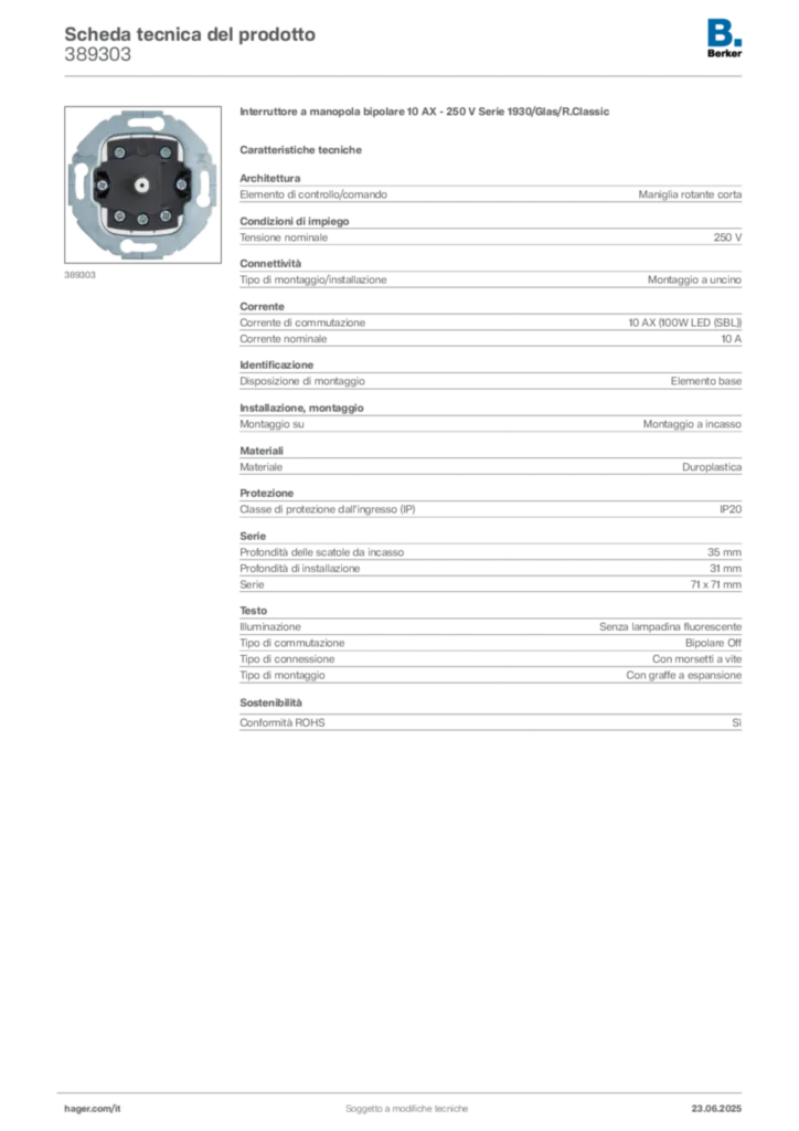 Immagine Berker Scheda tecnica del prodotto 389303 | Hager Italia