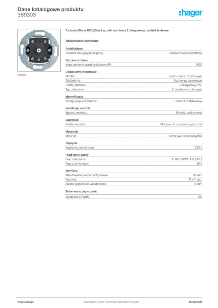 Zdjęcie Hager Karta katalogowa 389303 | Hager Polska