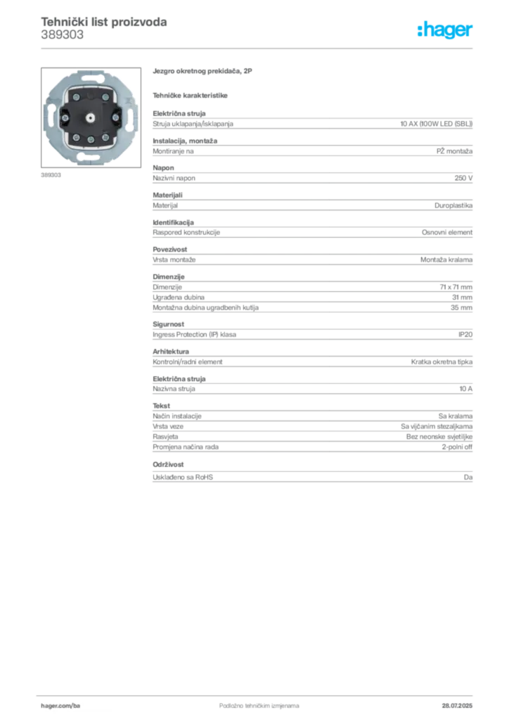 Slika Hager Product data sheet 389303  | Hager