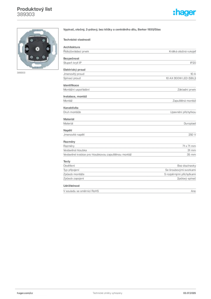 Obrázek Hager Produktový list 389303 | Hager