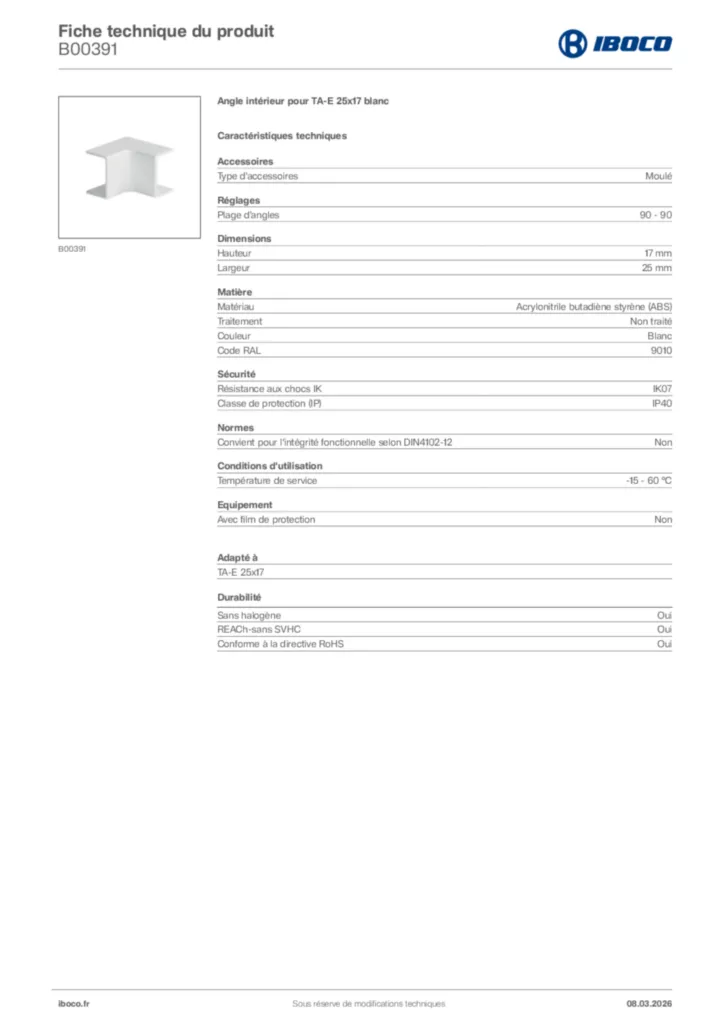 Image Iboco Fiche technique du produit B00391 | Hager France