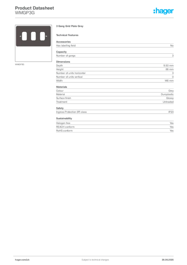 Image Hager Product data sheet WMGP3G  | Hager