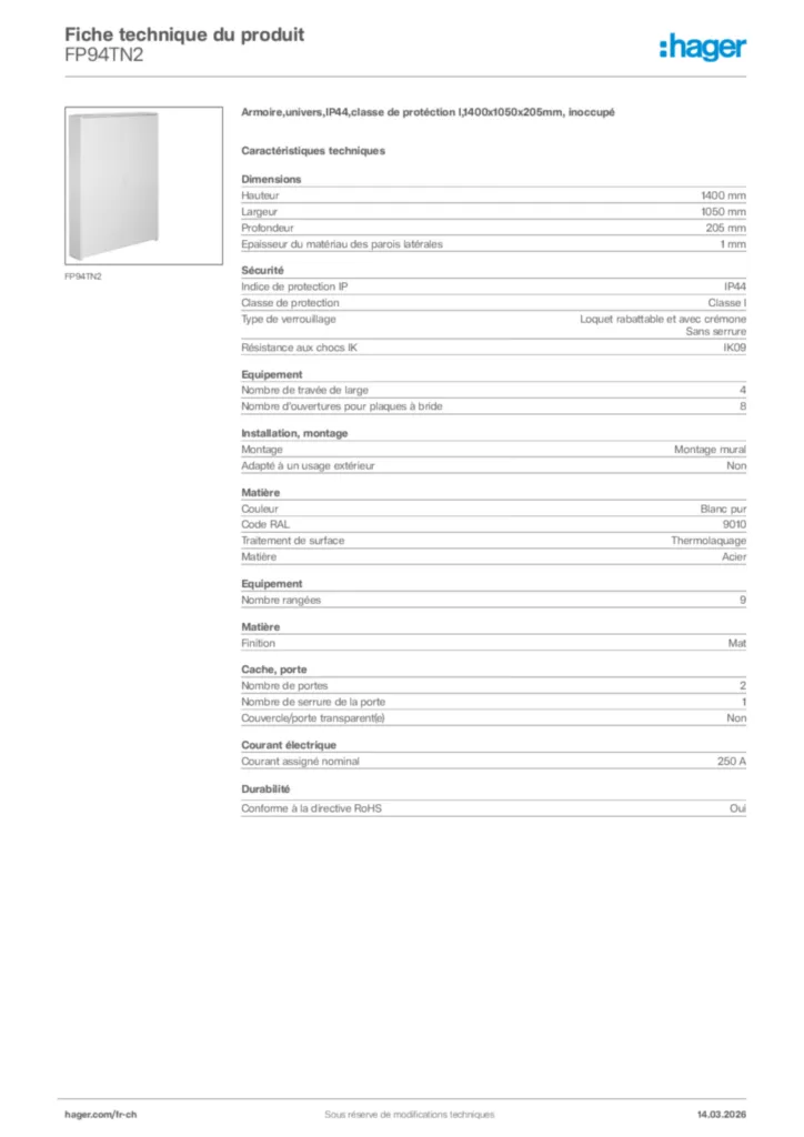 Image Hager Fiche technique du produit FP94TN2 | Hager Suisse