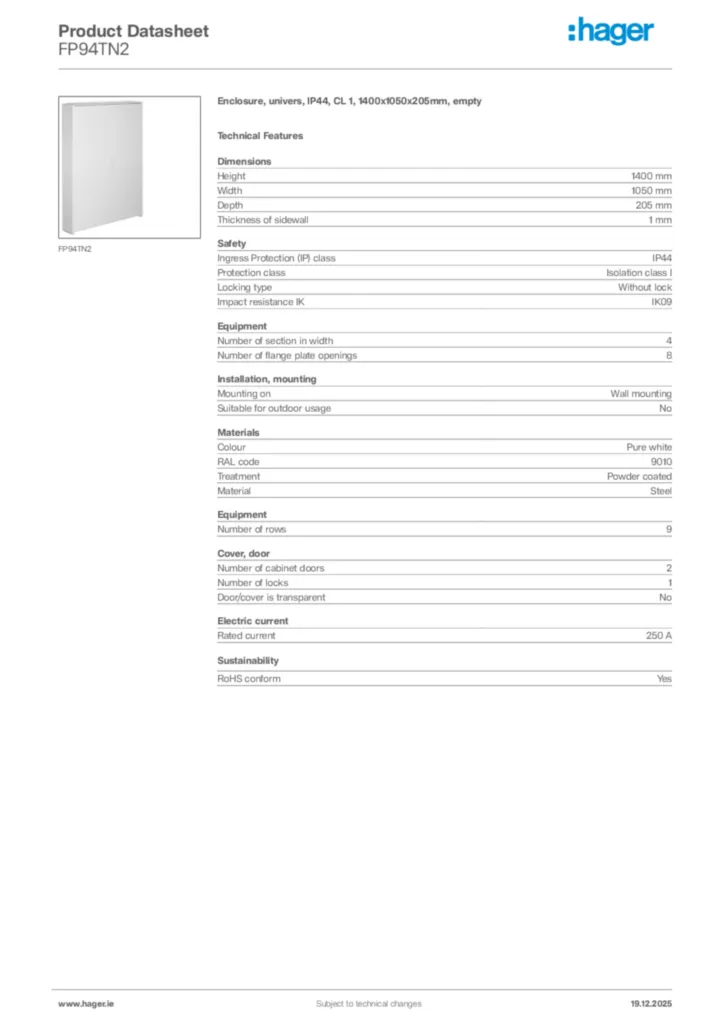 Image Hager Product data sheet FP94TN2  | Hager