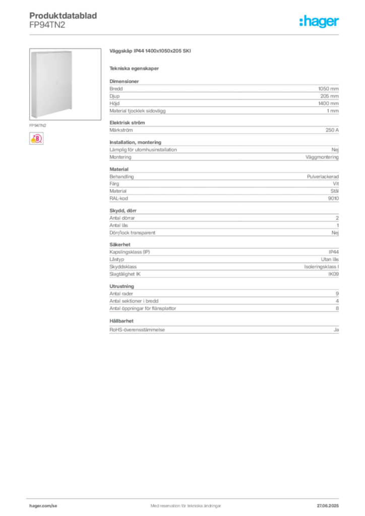 Bild Hager Produktdatablad FP94TN2 | Hager Sverige
