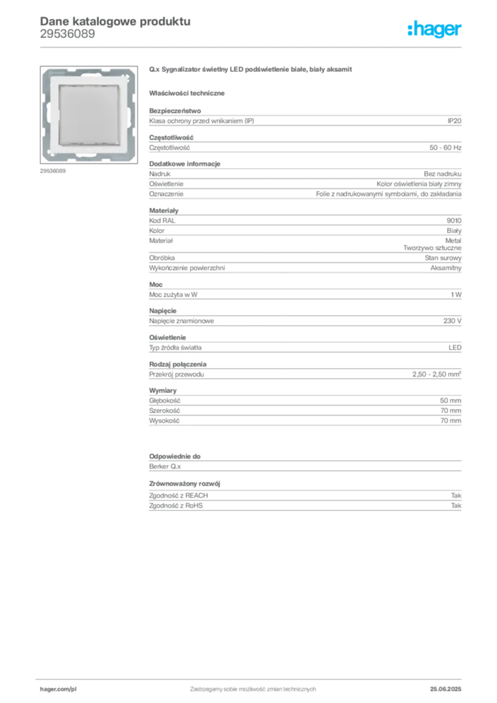 Zdjęcie Hager Karta katalogowa 29536089 | Hager Polska