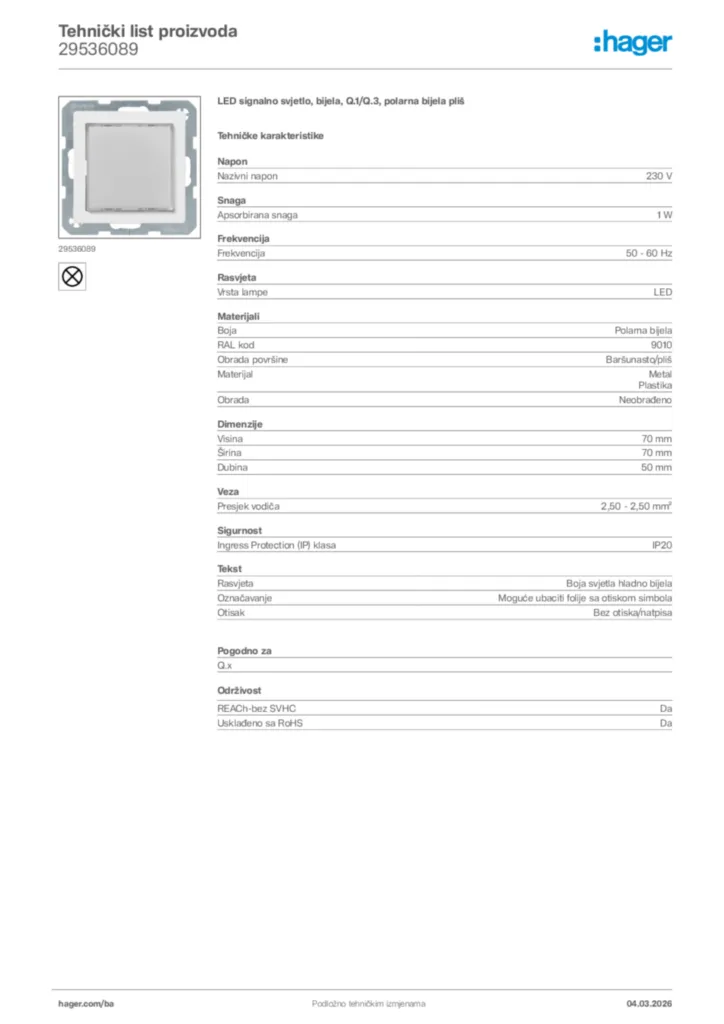 Slika Hager Tehnički list proizvoda 29536089  | Hager