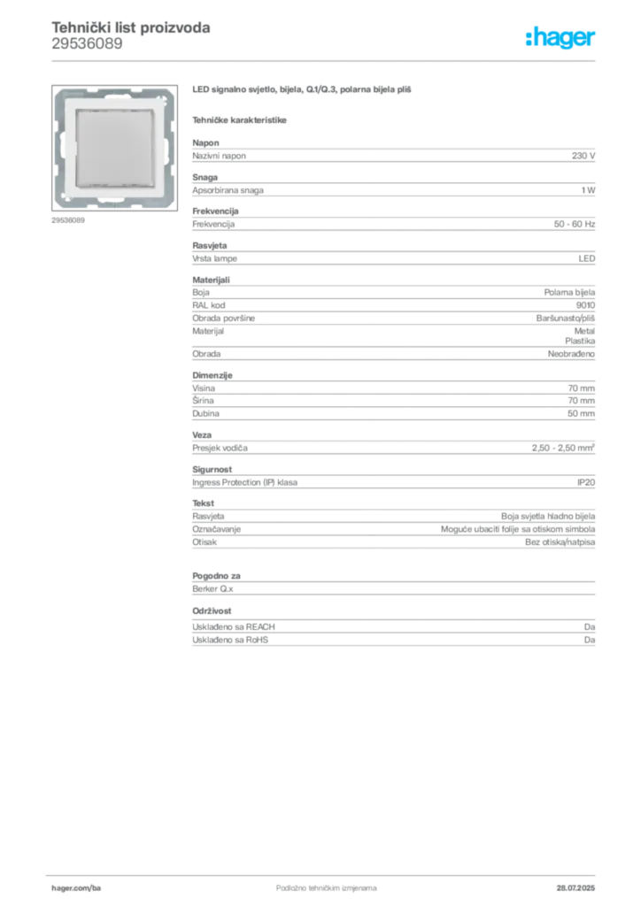 Slika Hager Product data sheet 29536089  | Hager