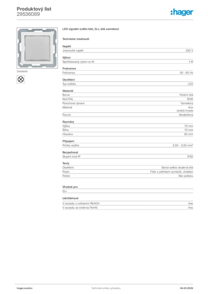 Obrázek Hager Product data sheet 29536089 | Hager