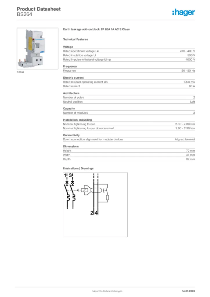 Image Hager Product data sheet BS264  | Hager Africa