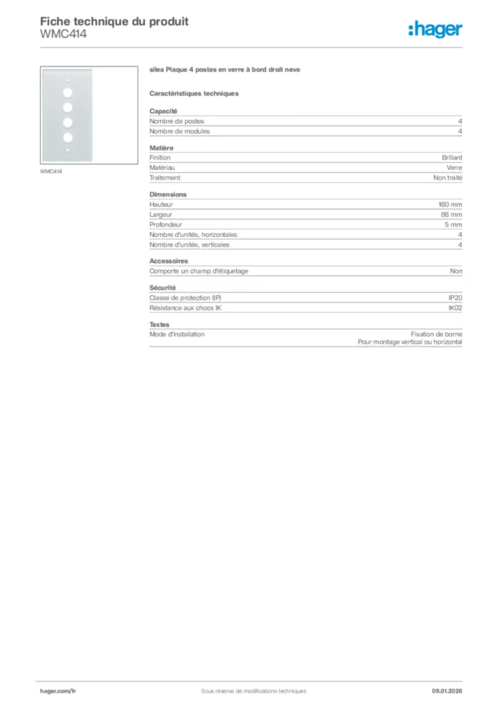 Image Hager Fiche technique du produit WMC414 | Hager France