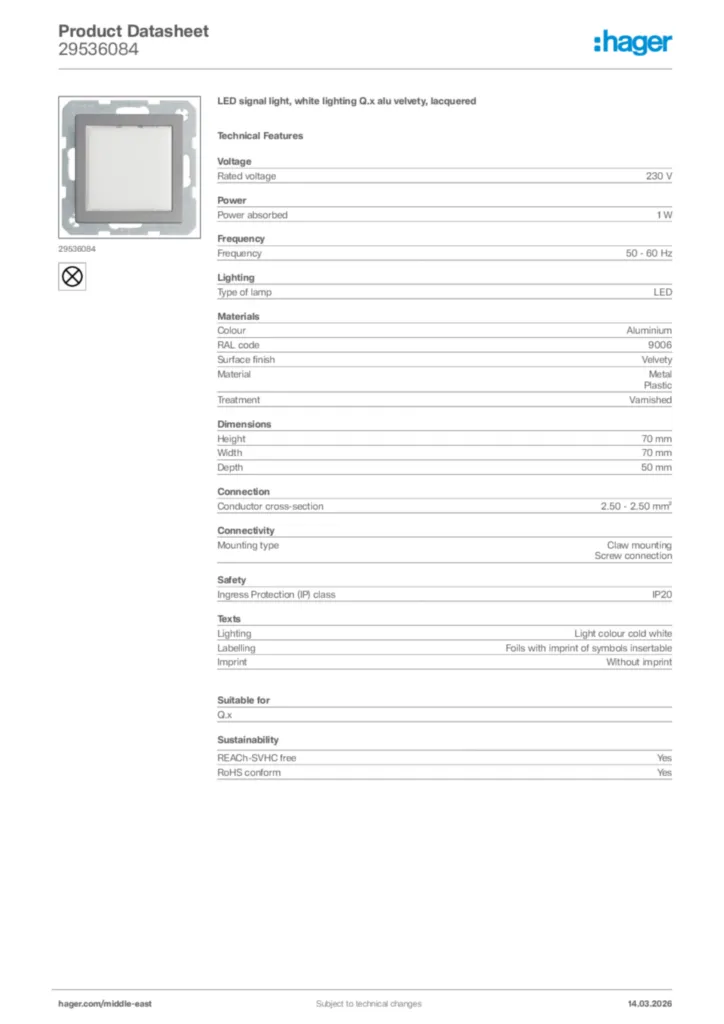 Image Hager Product data sheet 29536084  | Hager