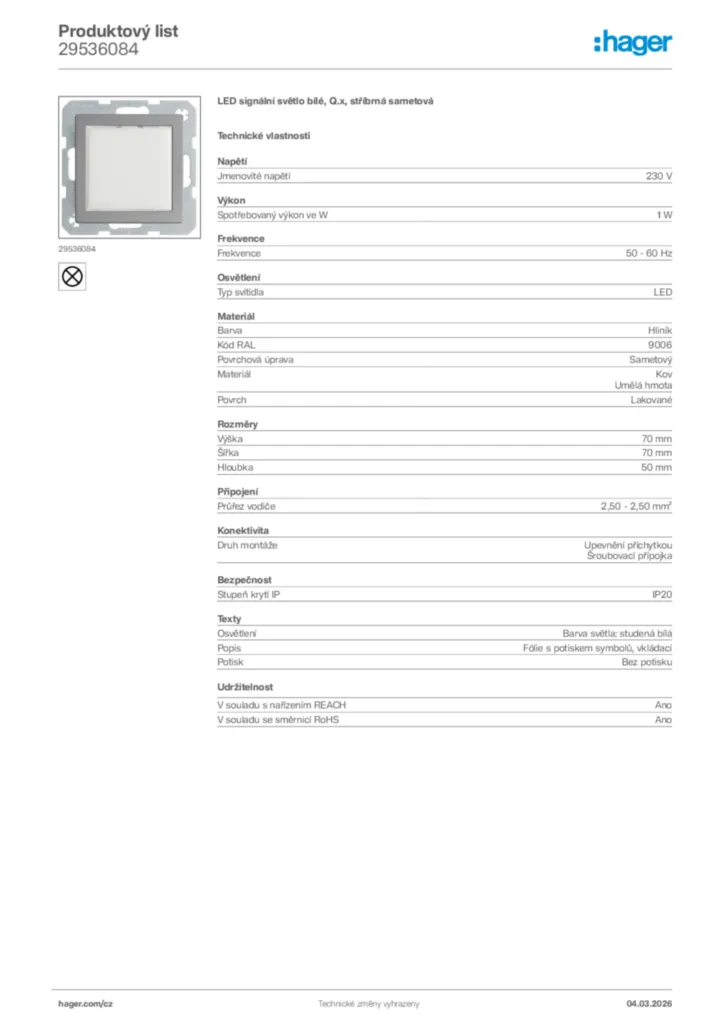 Obrázek Hager Product data sheet 29536084 | Hager
