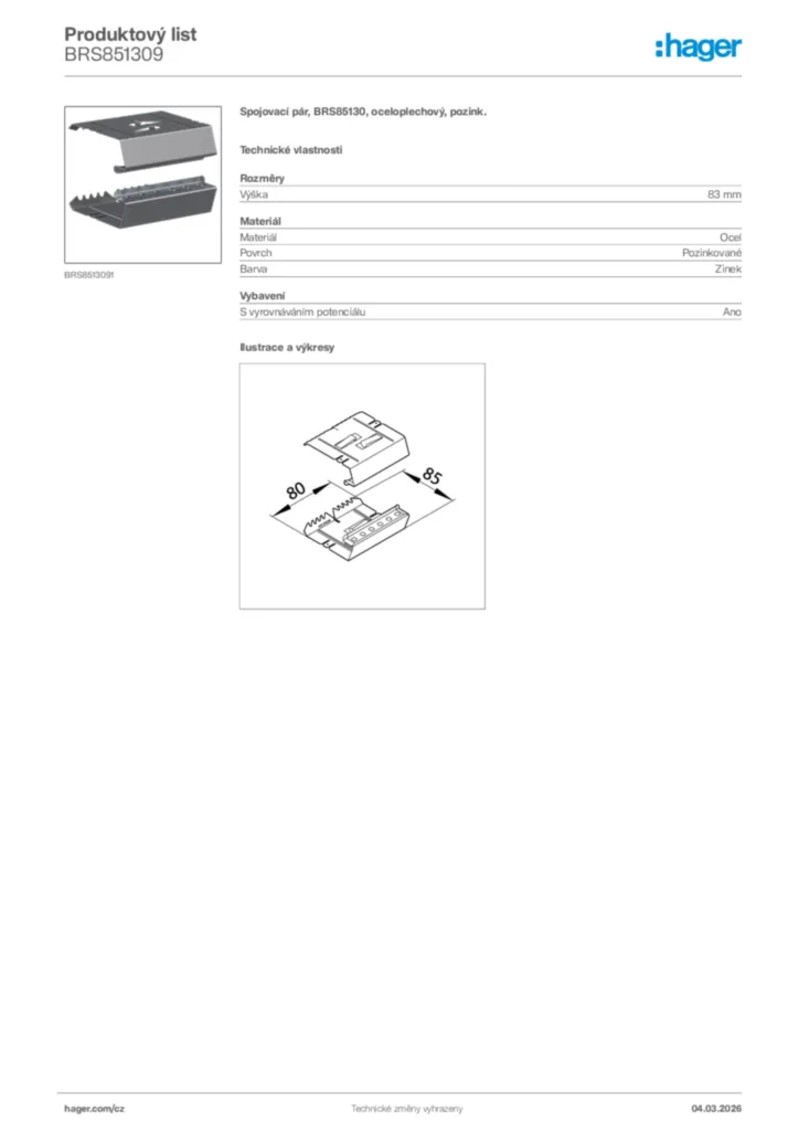 Obrázek Hager Product data sheet BRS851309 | Hager