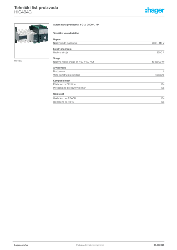 Slika Hager Product data sheet HIC494G  | Hager