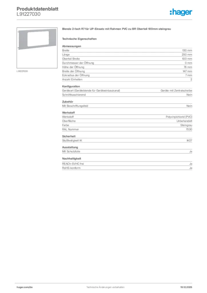 Bild Hager Produktdatenblatt L91227030 | Hager Deutschland