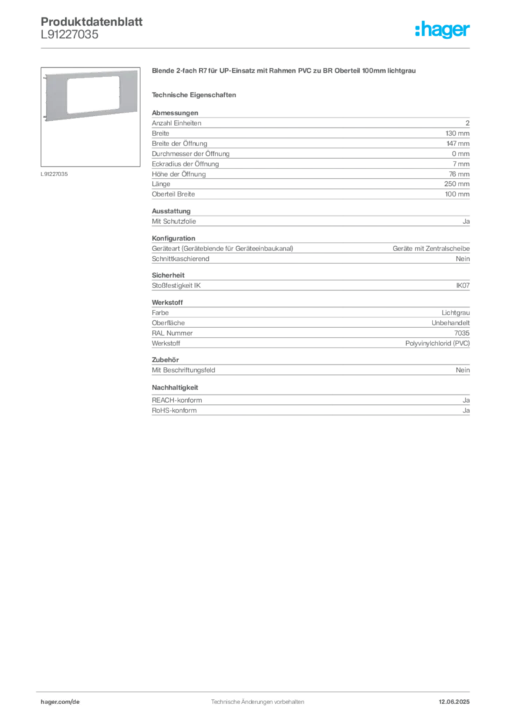 Hager Produktdatenblatt L91227035