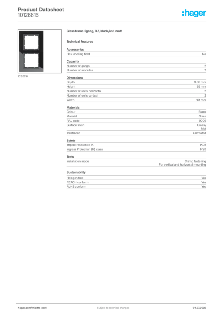Image Hager Product data sheet 10126616  | Hager