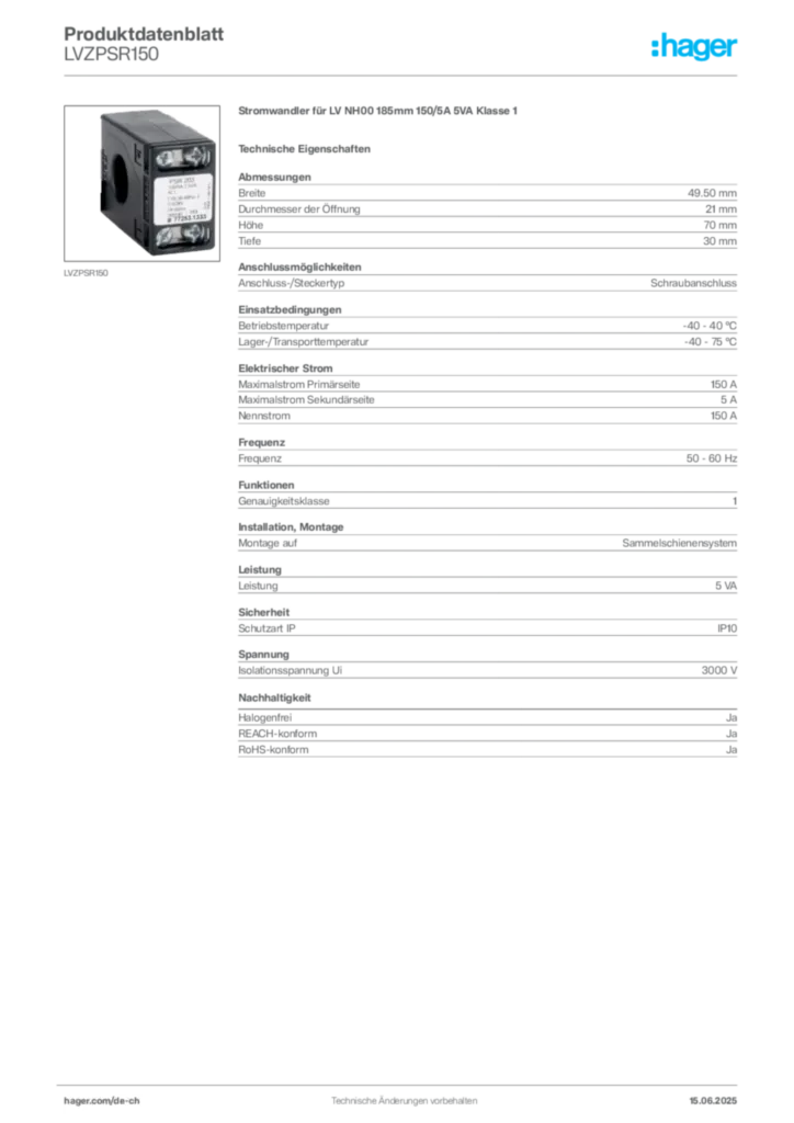 Bild Hager Produktdatenblatt LVZPSR150 | Hager Schweiz