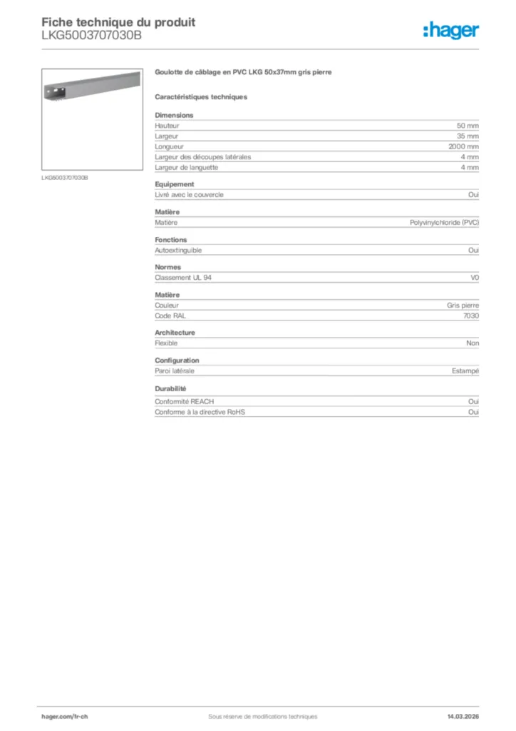 Image Hager Fiche technique du produit LKG5003707030B | Hager Suisse