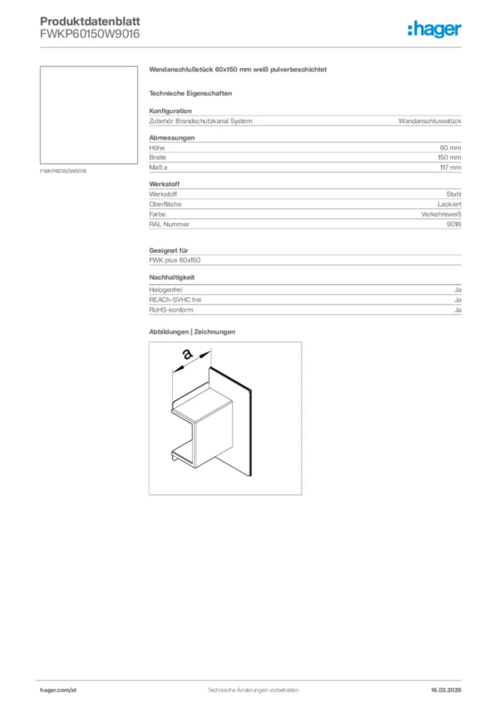 Bild Hager Produktdatenblatt FWKP60150W9016 | Hager Deutschland