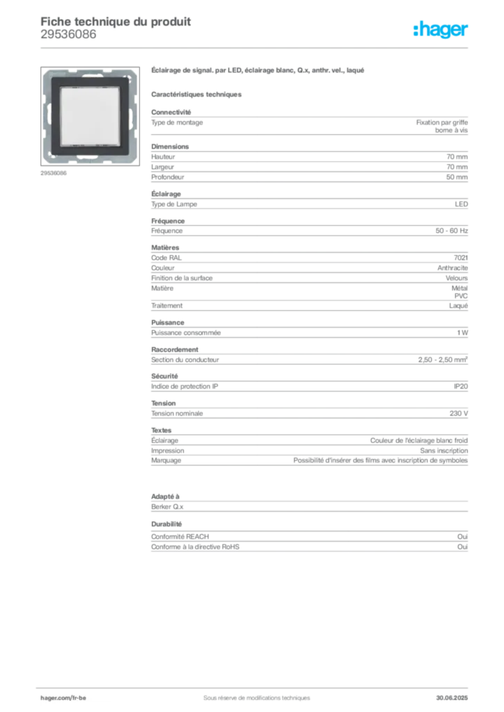 Image Hager Fiche technique du produit 29536086 | Hager Belgique