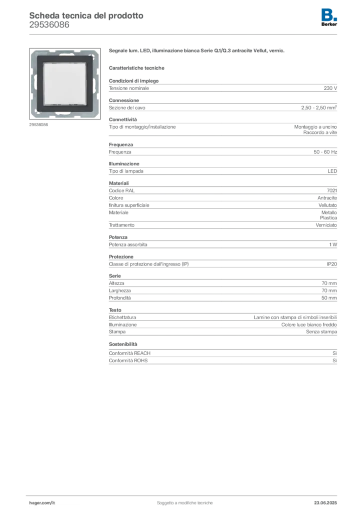 Immagine Berker Scheda tecnica del prodotto 29536086 | Hager Italia