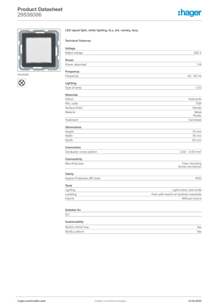 Image Hager Product data sheet 29536086  | Hager